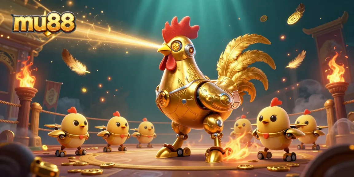 Join the excitement at mu88 as the golden rooster robot battles for jackpot wins in a vibrant casino world.