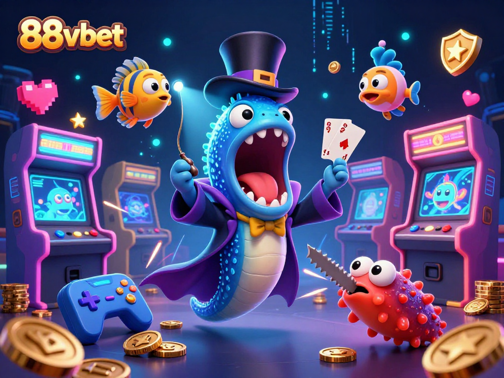 88vbet features a magical scene with a deep-sea gulper eel performing tricks in an electrifying casino setting.