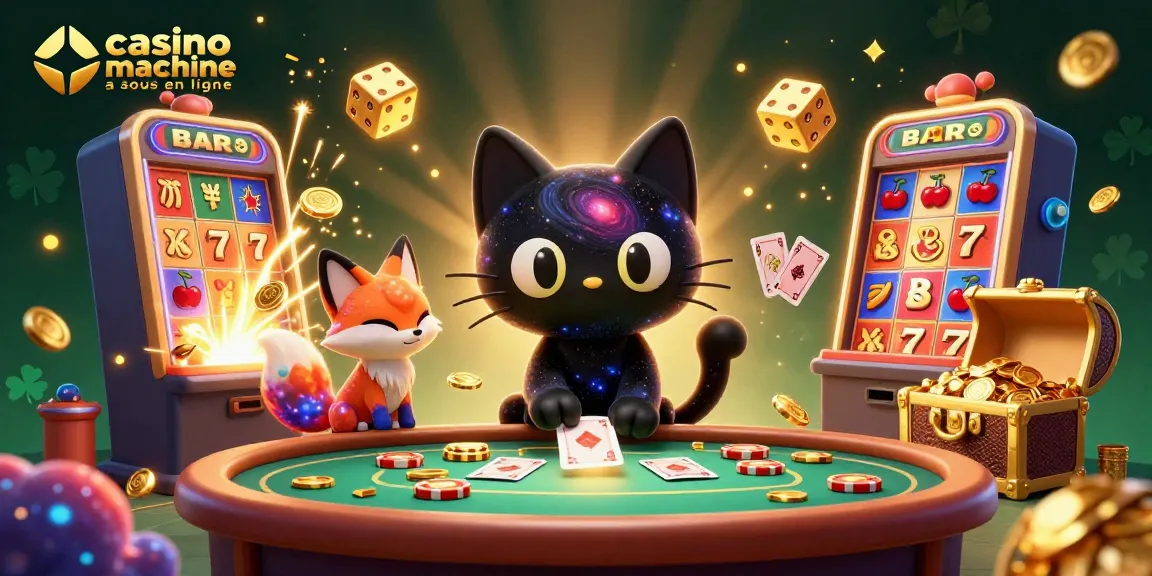 Jouez à la machine à sous de casino en ligne avec des personnages 3D attirant des pièces d'or et des cartes.
