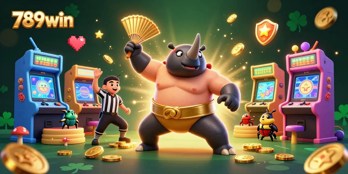 Experience excitement with 789win as the champion beetle stomps, showering golden coins in this vibrant casino scene.