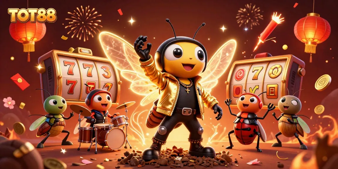 Experience the thrill of TOT88 with exciting slot games and vibrant visuals in this dynamic illustration.