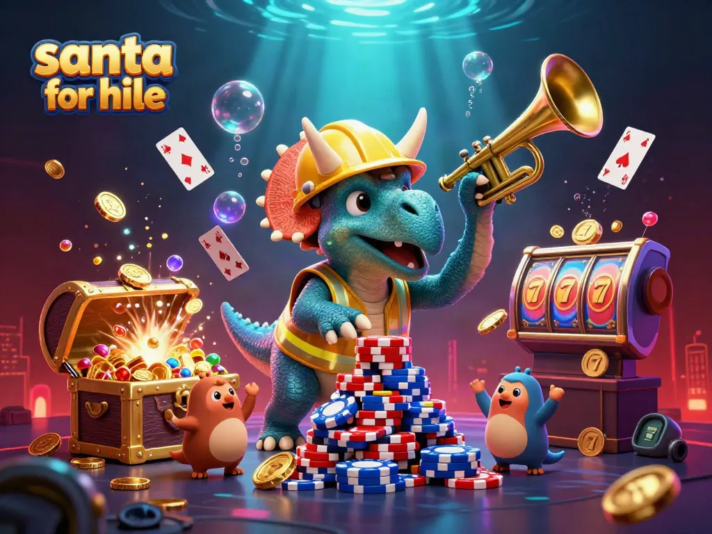 Experience the magic of santa for hire with cheerful dinosaurs in a vibrant casino setting.