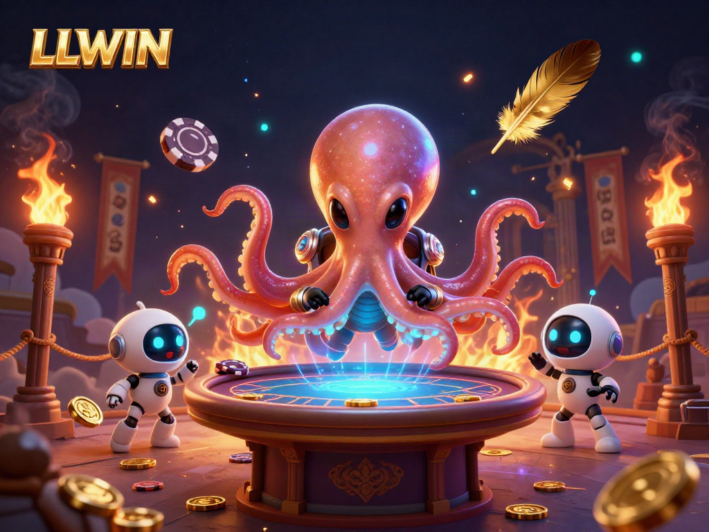 LLWIN showcases a vibrant gaming scene with an alien octopus and poker elements, enhancing user experience.