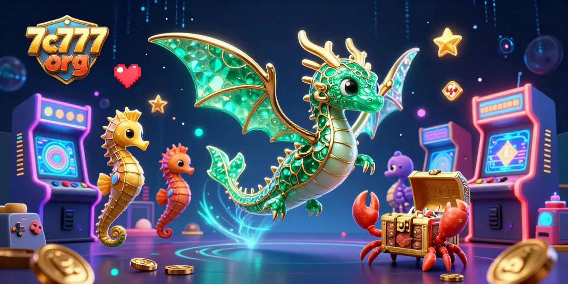 Engage in vibrant 7c777 org adventures with a cartoon sea dragon, arcade games, and treasure.