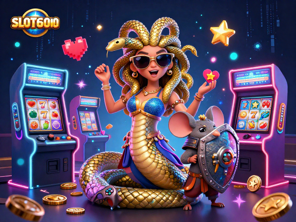 SLOT6000 players enjoy vibrant slot reels and arcade games in a dynamic Medusa-themed illustration.