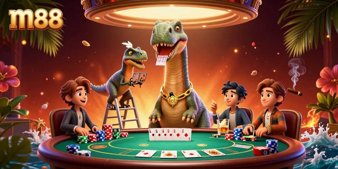 Engage with m88's vibrant casino scene featuring a brontosaurus and raptor in a poker showdown.
