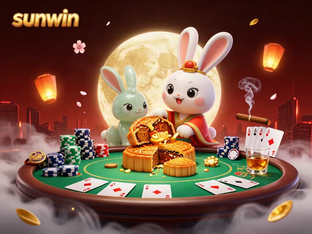 Engage in the thrill of betting with sunwin as a moon rabbit reveals poker chips on the lunar surface.