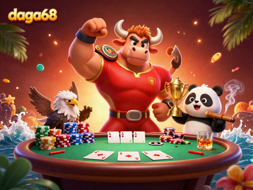 Daga68 showcases a lively casino scene with a triumphant bull mascot amid poker elements, bringing excitement to gamblers.