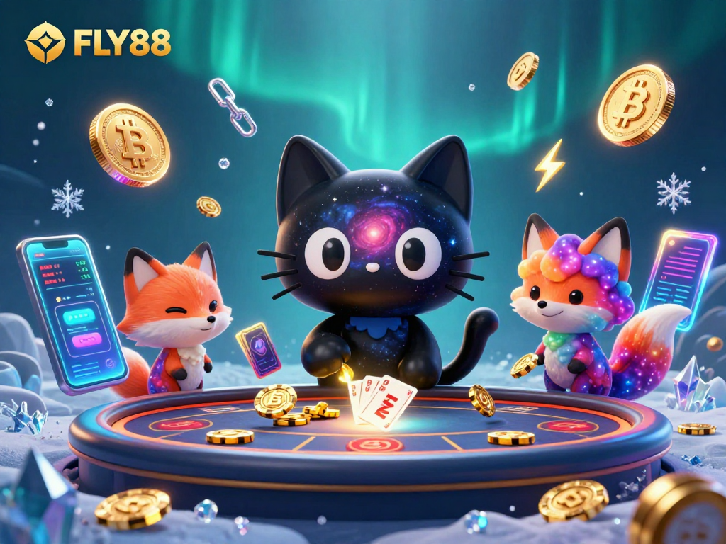 Experience FLY88's cosmic casino adventure with a galaxy cat and nebula fox.