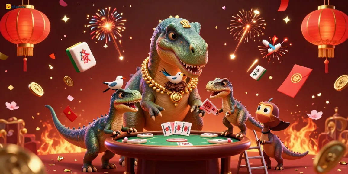 Situs toto showcases a vibrant 3D illustration of a dinosaur and raptor engaging at a lively casino poker table.