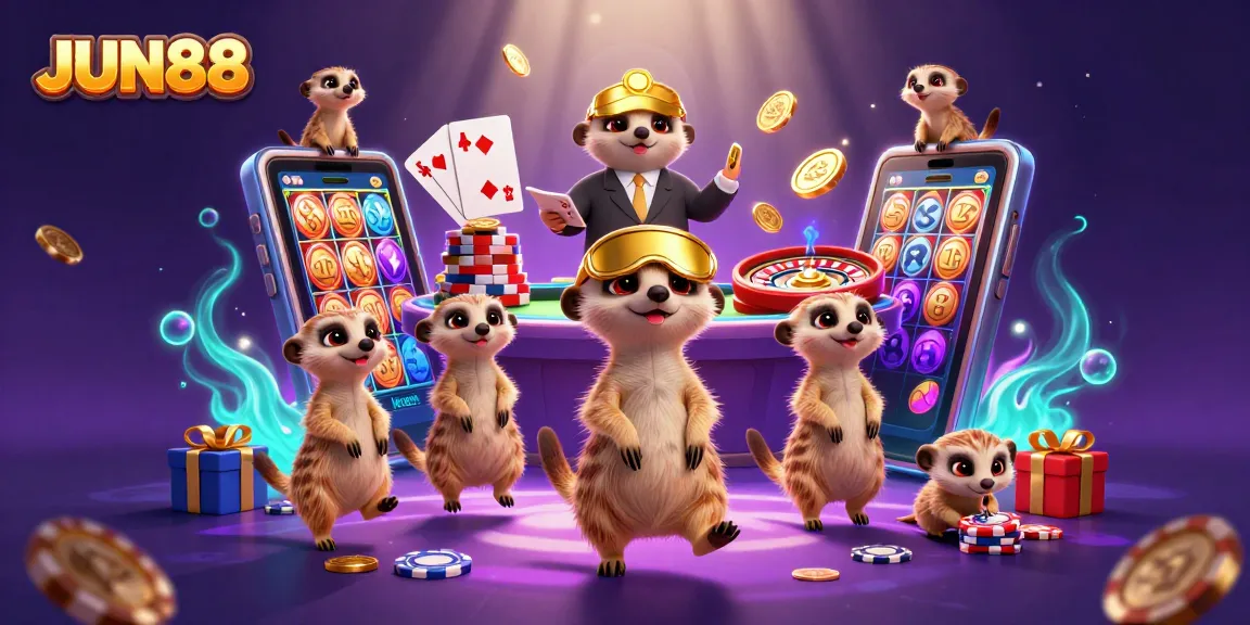 Engage with JUN88's thrilling casino experience featuring playful meerkats managing games and prizes.