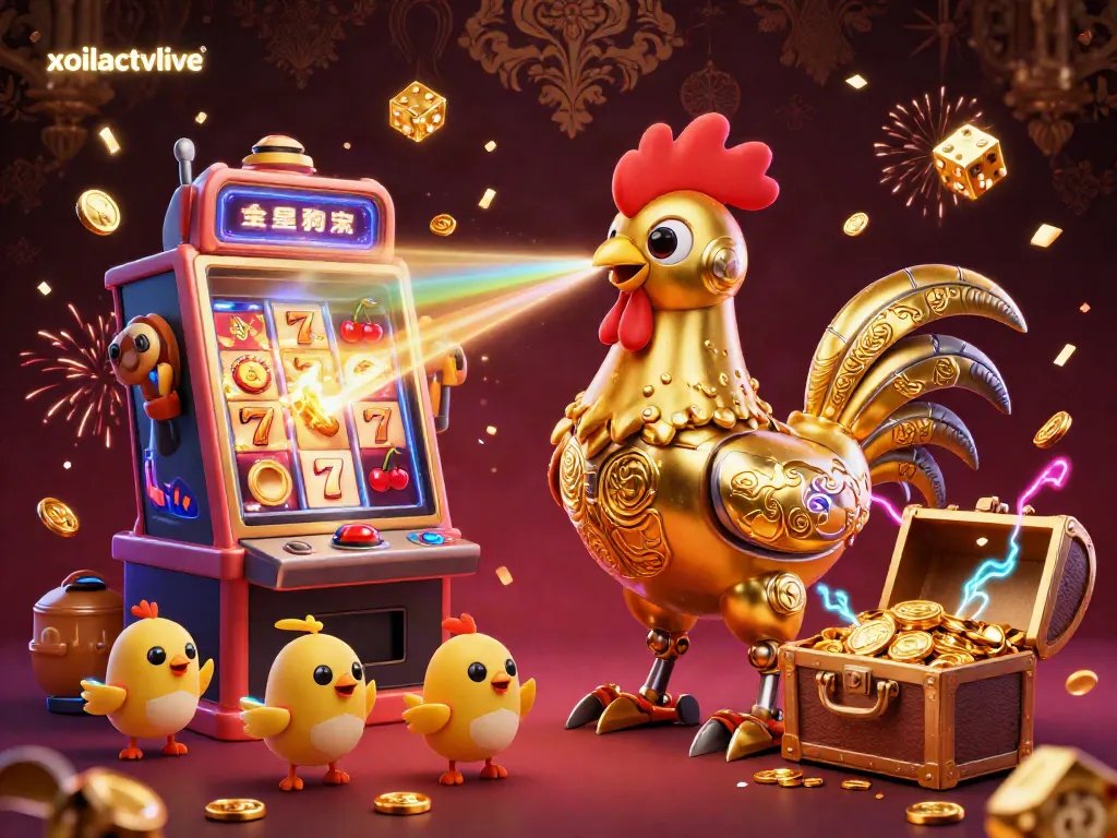 Experience excitement with xoilactvlive's dynamic casino scene featuring a golden rooster robot and jackpot explosion.