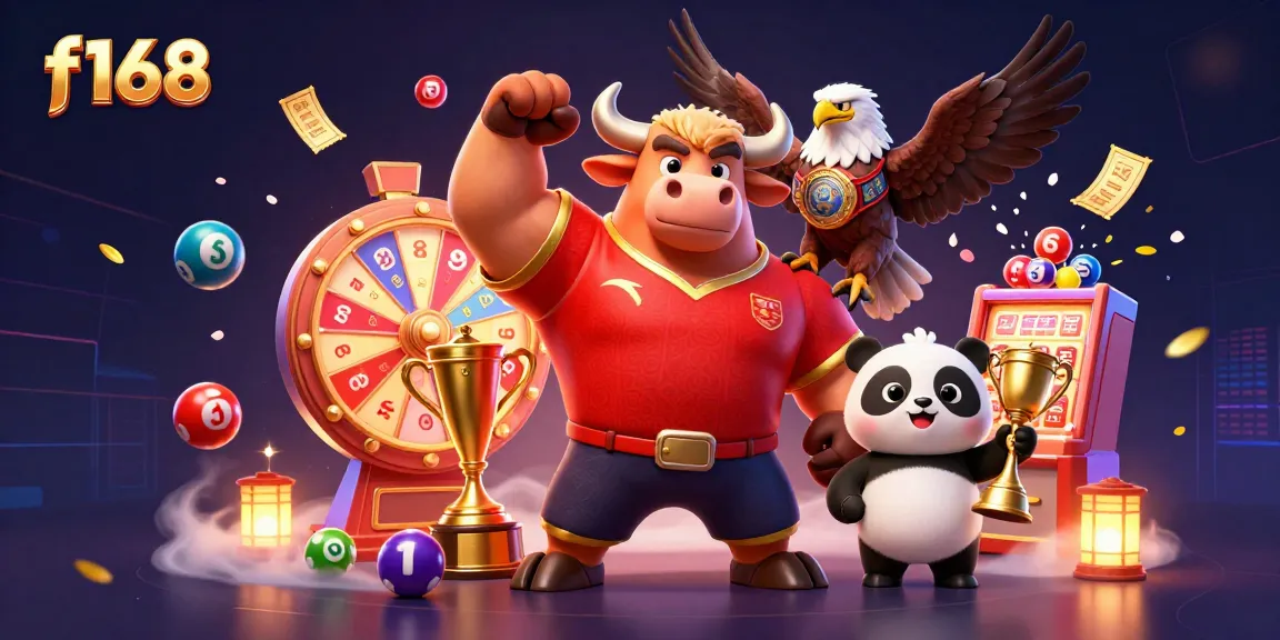 Win big with f168 in this vibrant 3D casino scene with dynamic game elements and lively mascots.
