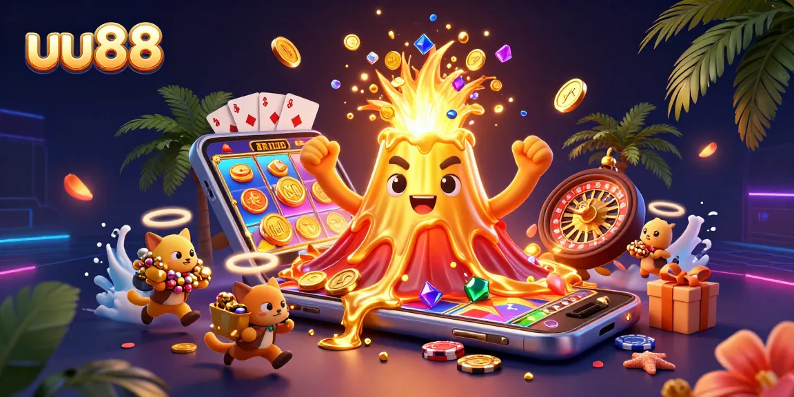 uu88's vibrant gaming scene features a golden volcano erupting coins, showcasing a lively casino atmosphere.