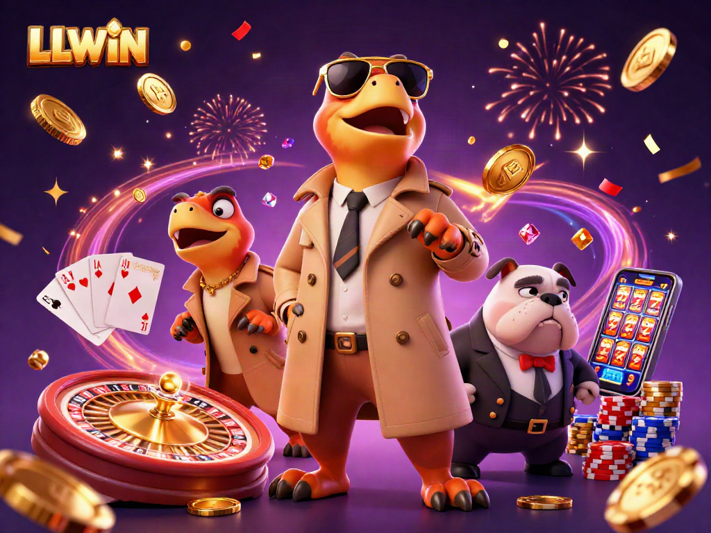 LLWIN scene features raptors betting as colorful casino elements explode around them.