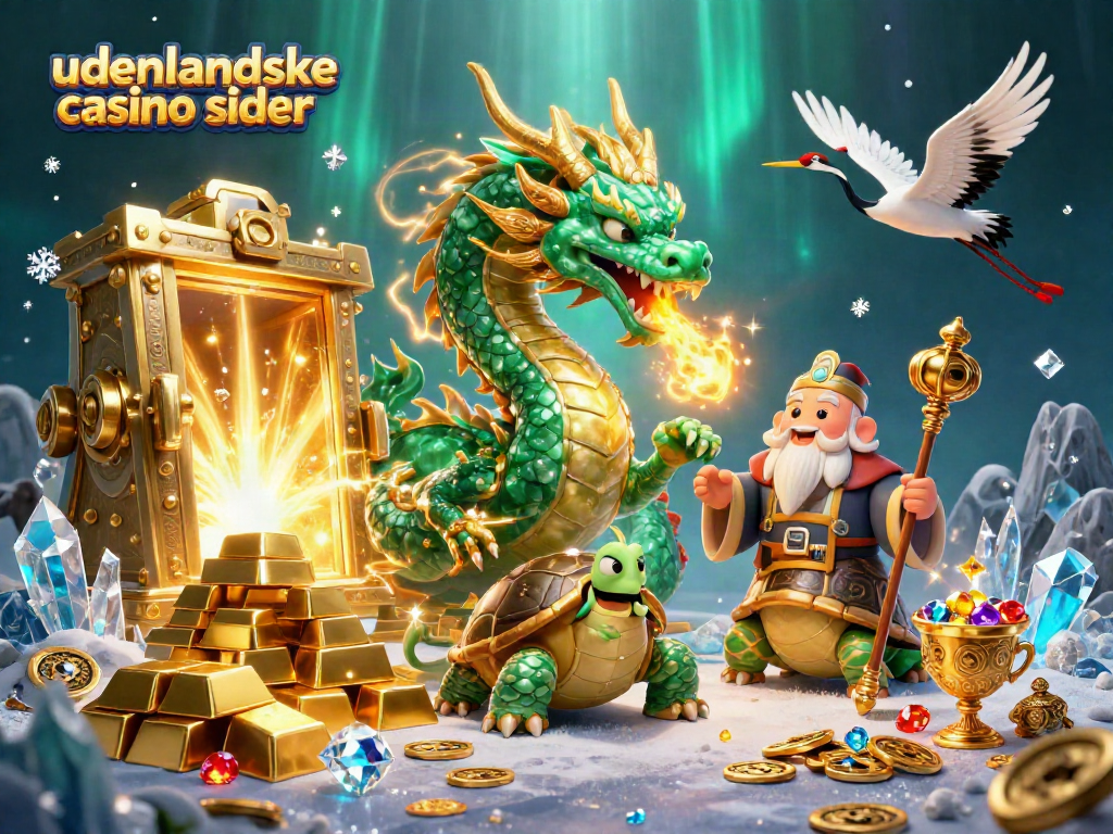 Engage with udenlandske casino sider through vibrant 3D art showcasing a jade dragon and treasure.
