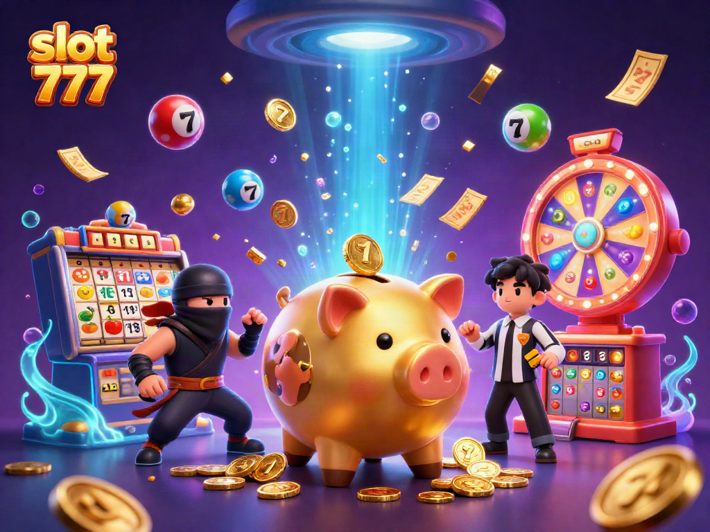 Spin the slot 777 with golden piggy bank and ninja characters in a vibrant casino scene.