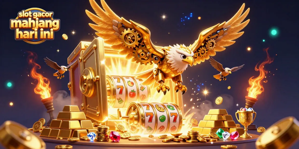 Experience slot gacor mahjong hari ini with a dynamic 3D casino illustration featuring a golden eagle amidst treasure.