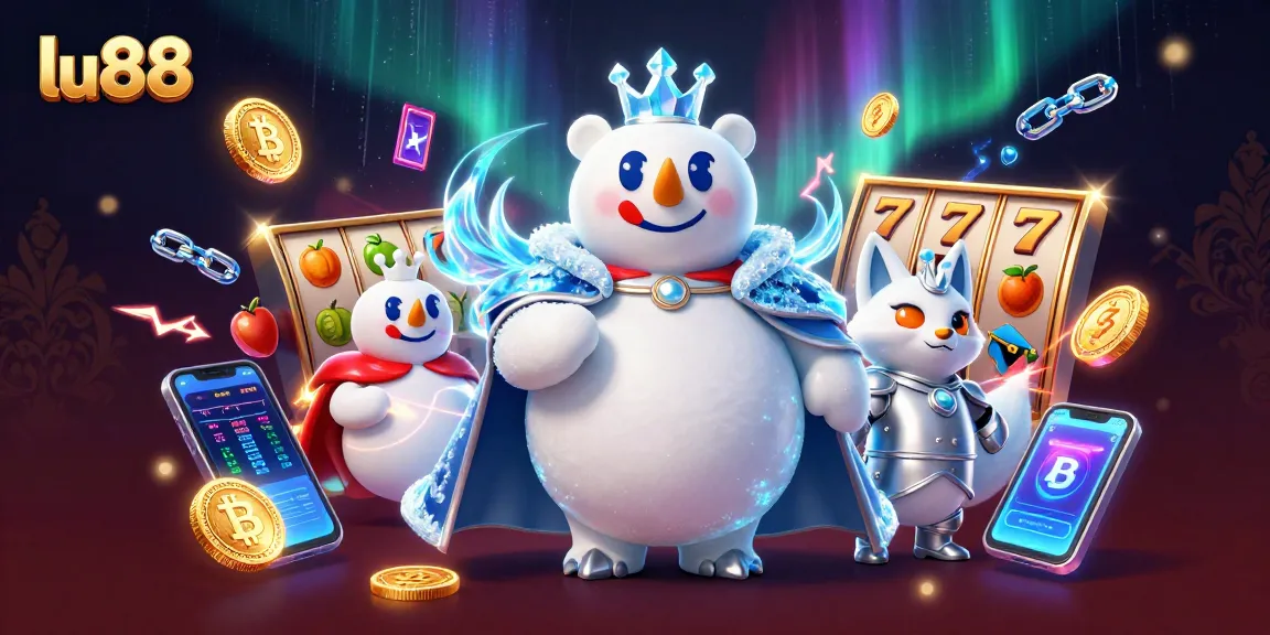 Experience the thrill of lu88 with a colorful 3D illustration of slot games, cryptocurrency, and adventure.