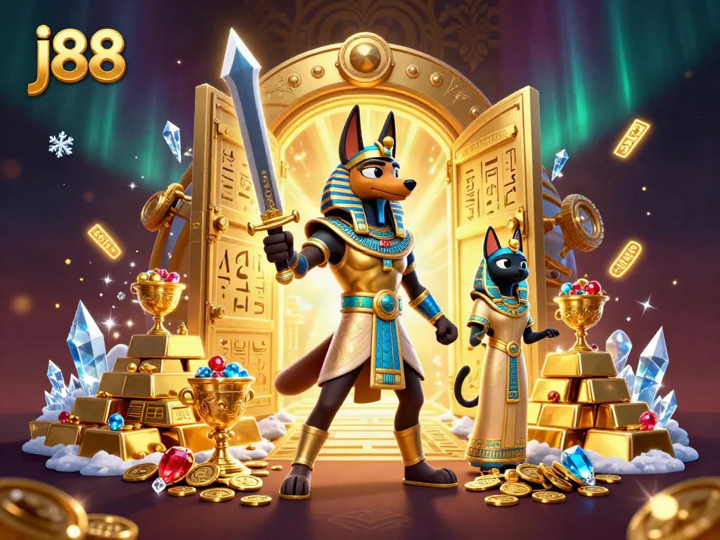 Experience thrilling j88 gaming with Anubis and Bastet amidst a treasure vault explosion.