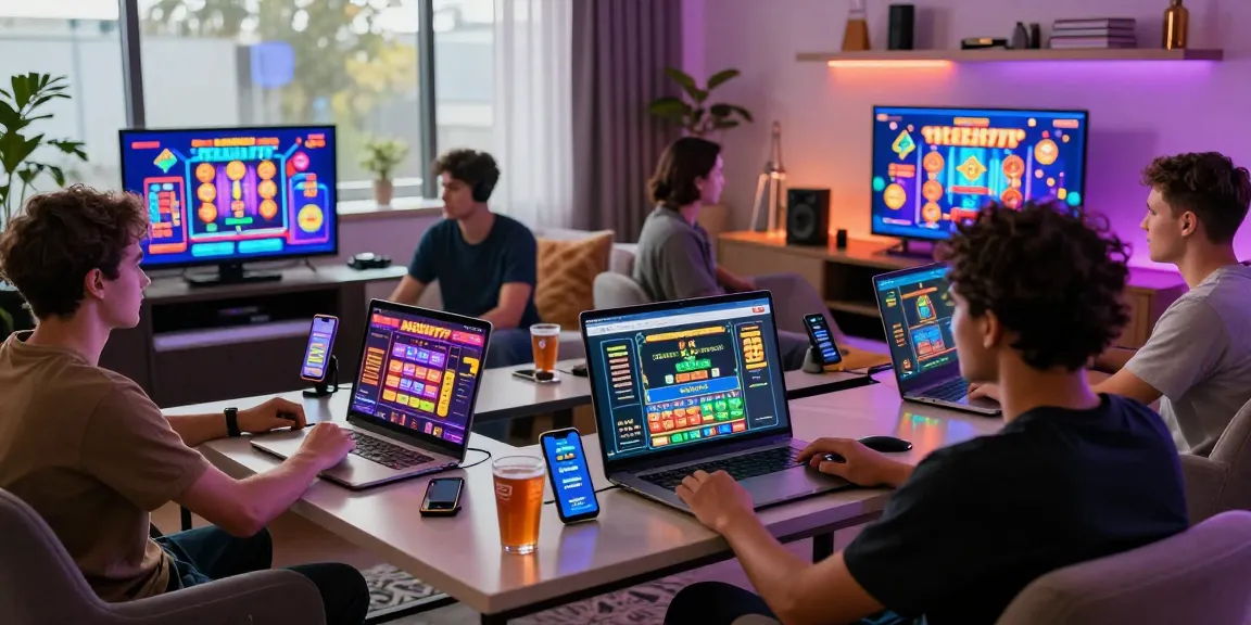 Engaging scene of players enjoying slot terpercaya games at home with vibrant screens and a lively atmosphere.