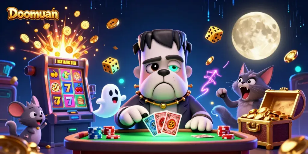 Doomuan showcases a spooky casino scene with a Frankenstein bulldog monster dealing cards and haunted elements.