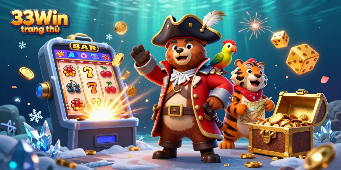 Experience the excitement of casino gaming with the vibrant 33Win trang chủ scene featuring a bear captain and treasure elements.