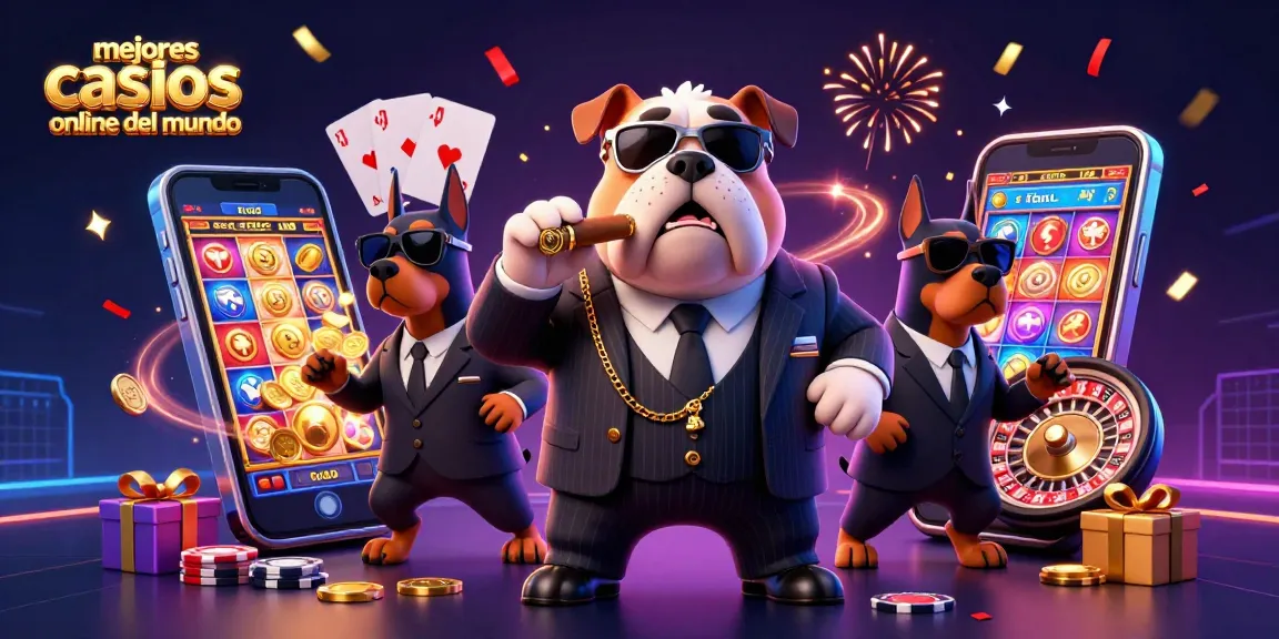 Disfruta de los mejores casinos online del mundo con un mafioso bulldog rodeado de elementos de juego animados.
