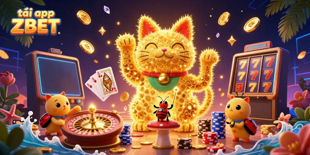 Engage in casino excitement with tải app ZBET, featuring a lucky cat made of fireflies amidst casino symbols and animated treasures.
