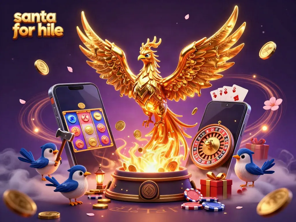 Santa for hire depicted with a molten gold phoenix amidst casino elements and festive decor.