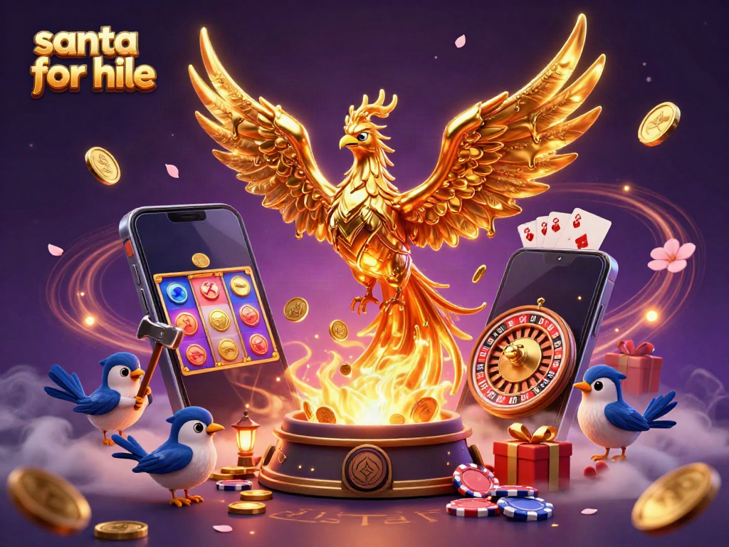 Santa for hire depicted with a molten gold phoenix amidst casino elements and festive decor.