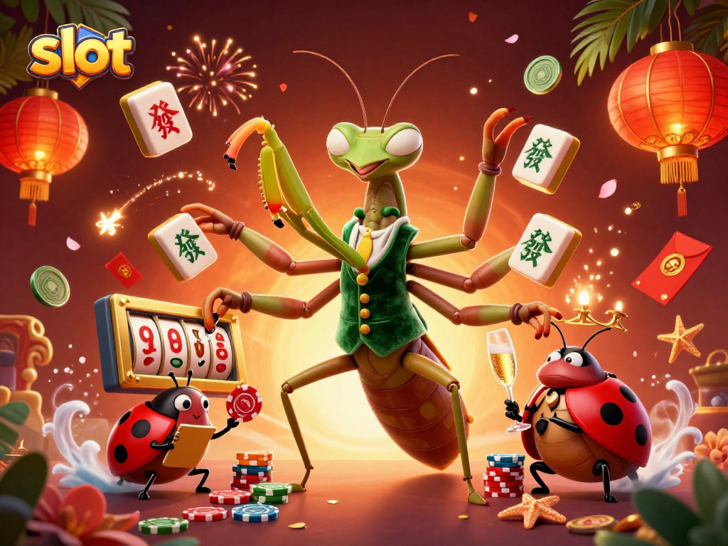 Catch winning slot symbols as a giant praying mantis deals cards in a vibrant casino scene.
