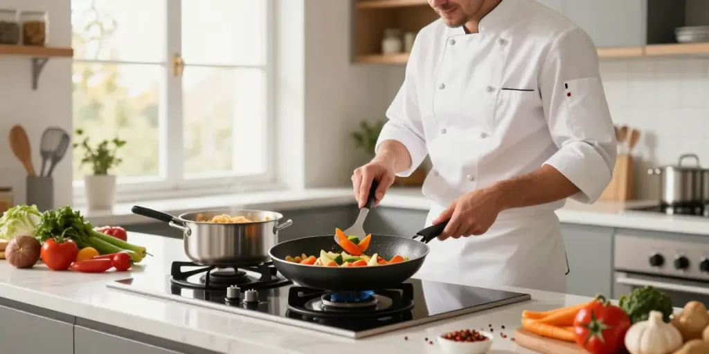 Non-Stick Cookware price in bangladesh showcased in a bright modern kitchen with a chef cooking.