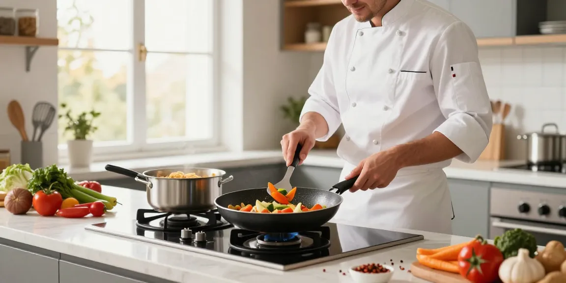 Non-Stick Cookware price in bangladesh showcased in a bright modern kitchen with a chef cooking.