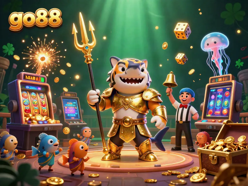 Experience thrilling gameplay at go88 with a dynamic scene featuring a tiger shark warrior and magical casino elements.