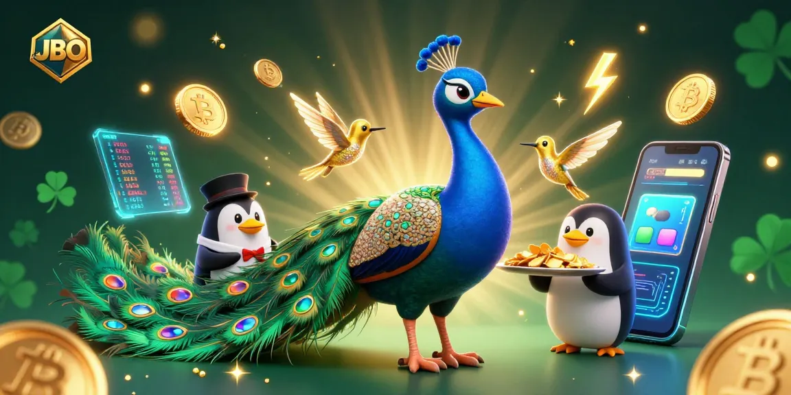 Experience JBO with a vibrant peacock and butler penguin amidst tokens and digital elements.