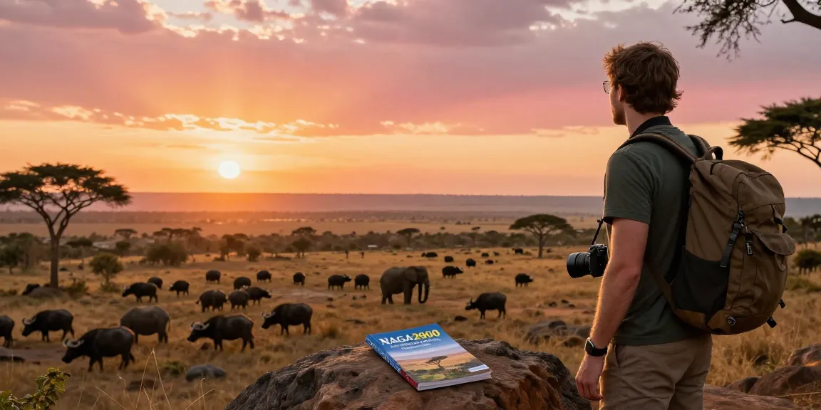 NAGA2000 traveler at Kidepo Valley National Park, marveling at the vast savanna and wildlife during sunset.