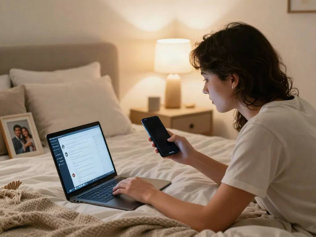 Couple exploring AI sexting apps in cozy bedroom setting, showcasing intimacy.