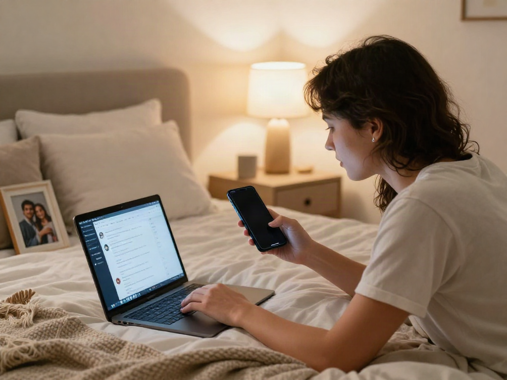 Couple exploring AI sexting apps in cozy bedroom setting, showcasing intimacy.
