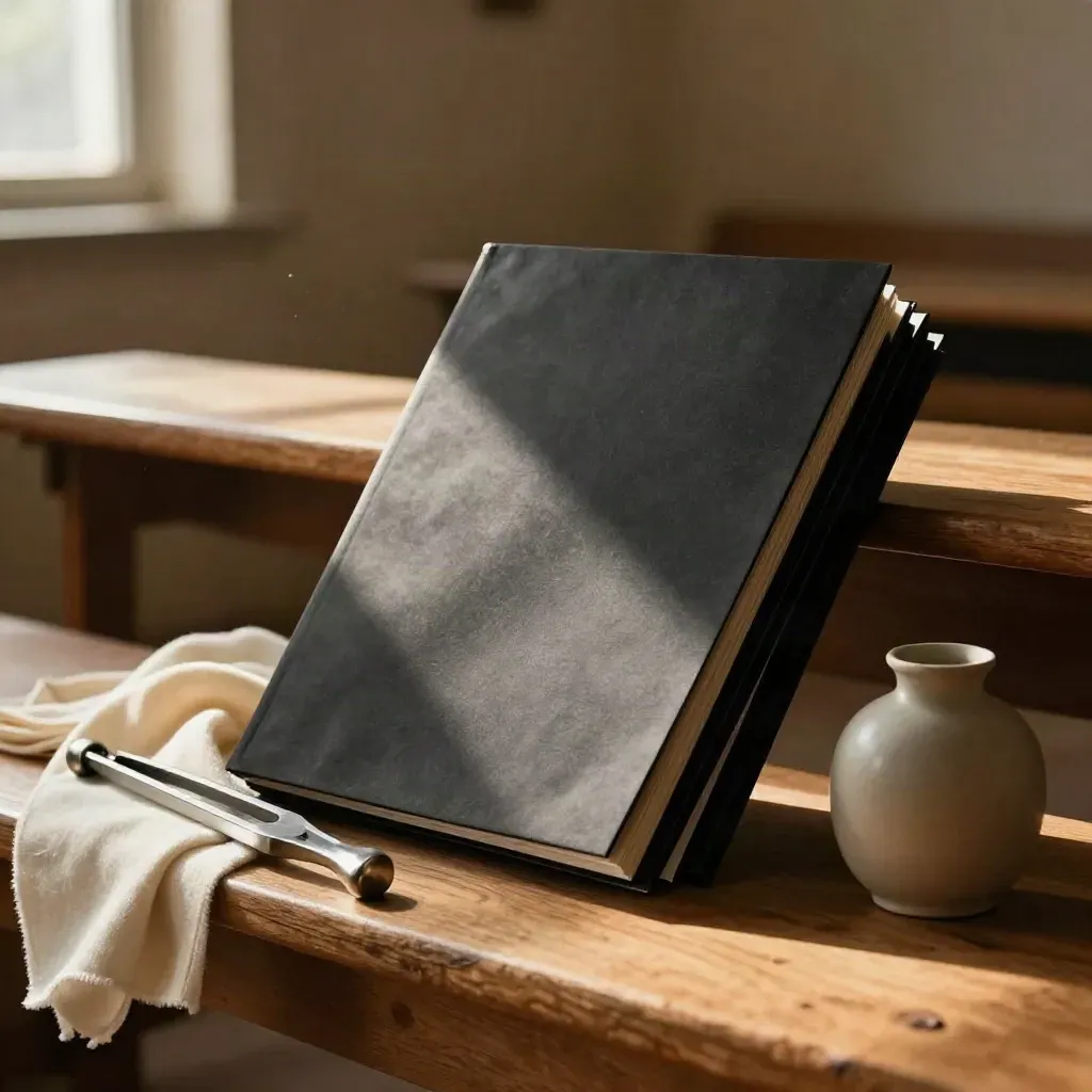 Choir loft bench with black folders, tuning fork, scarf and vase in warm late sunlight.