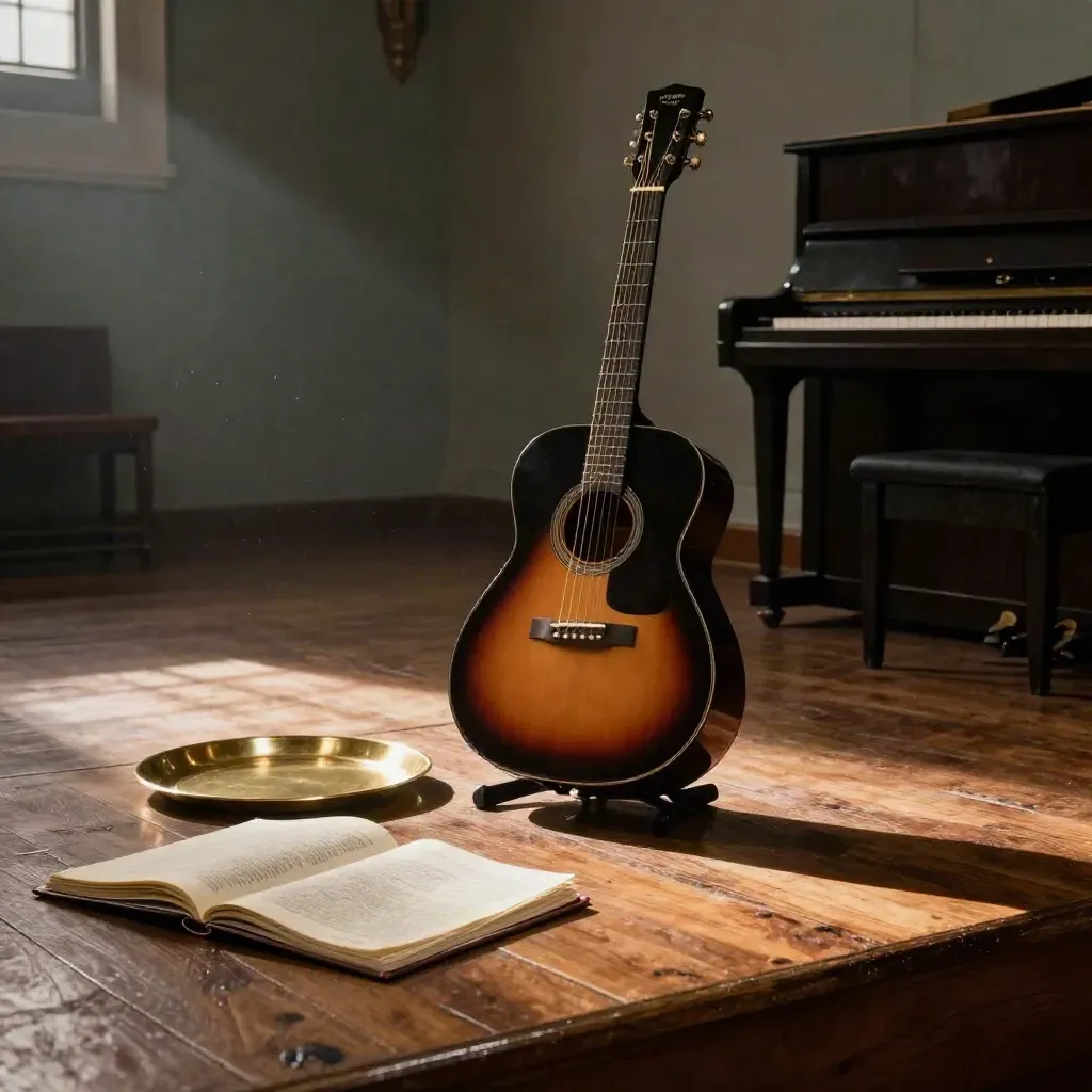 Rainy Sunday sanctuary stage with guitar, communion tray, linen, binder, and piano edge