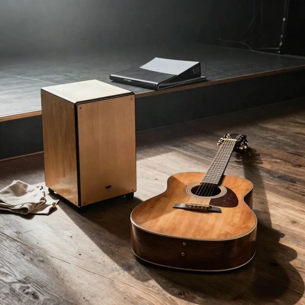 Sunburst guitar, cajón, linen cloth, and binder staged on a church platform at dawn.