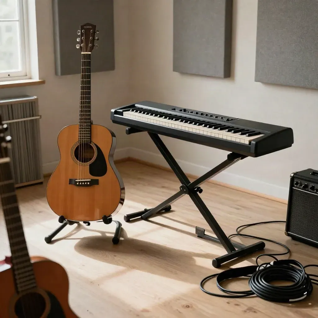 Acoustic guitar, keyboard and amp in a sunlit youth room, seen from above.