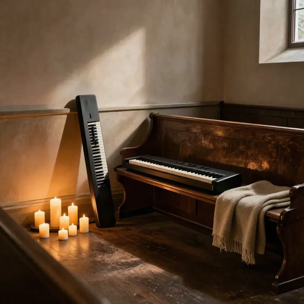 Dim chapel corner with keyboard, candles, prayer bench, and folded blanket in dusk haze.