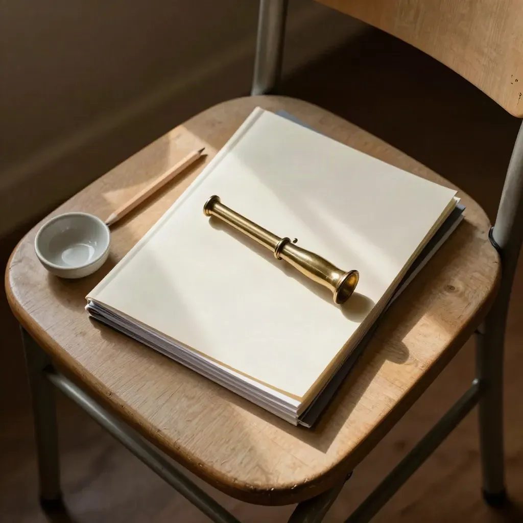 Choir folders, pitch pipe, pencil and ceramic bowl on a sunlit chair seat