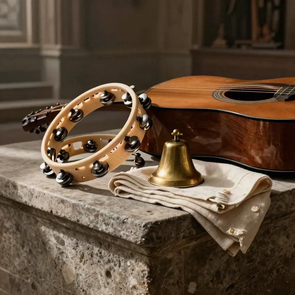 Tamourine, guitar body, brass bell and linen cloth on a stone riser in hazy chapel light.
