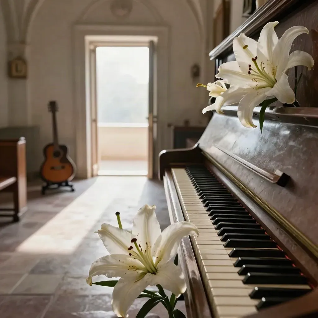White lilies beside a worn chapel piano as morning light spills from an open doorway.