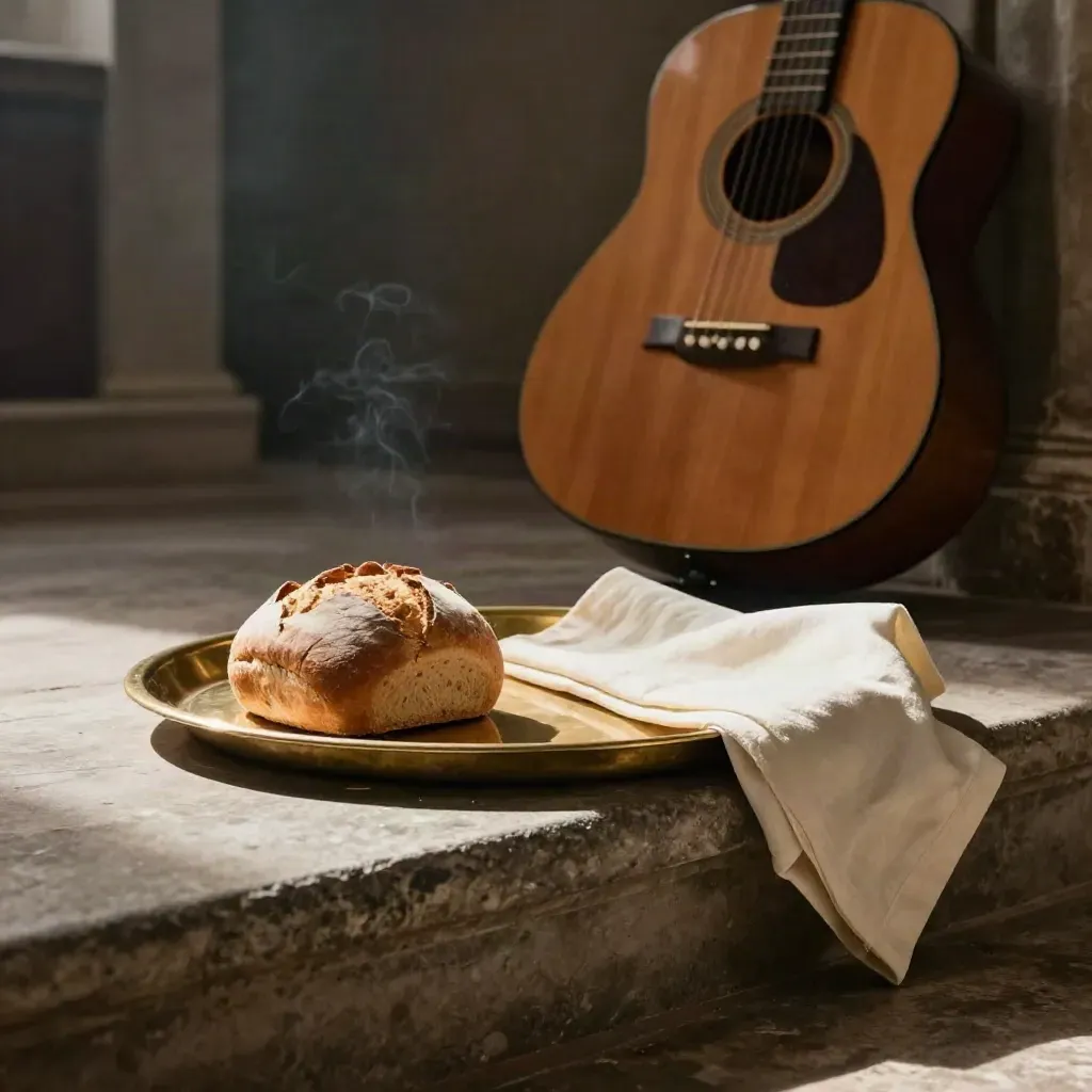 Brass communion tray, loaf, linen cloth, and guitar on an altar step in soft light.