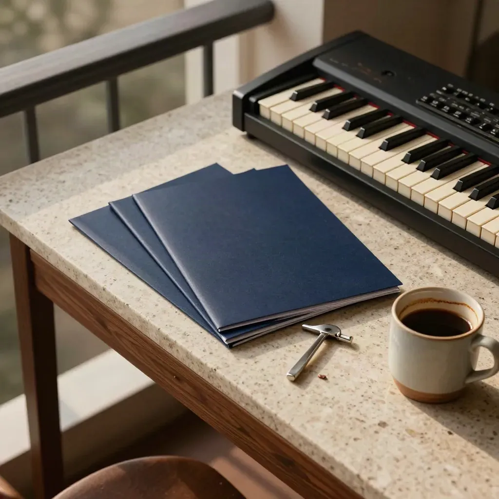 Overhead view of worship set planning folders, capo, keyboard corner and coffee mug on travertine.