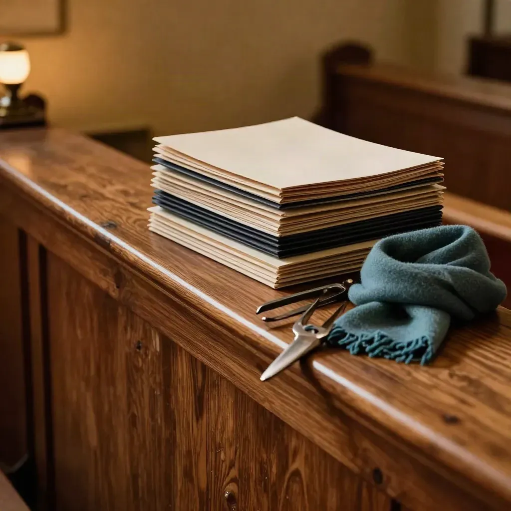 Choir loft bench with folders, tuning fork, scarf, and wooden rail in warm light.